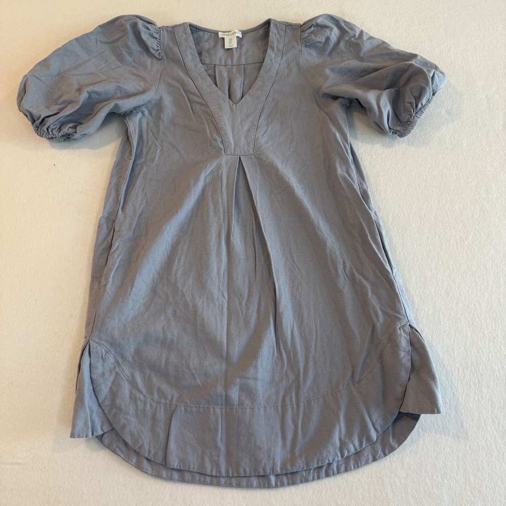 Cynthia Rowley Tunic Dress Women Small Blue Linen Blend Puff Sleeve V-Neck